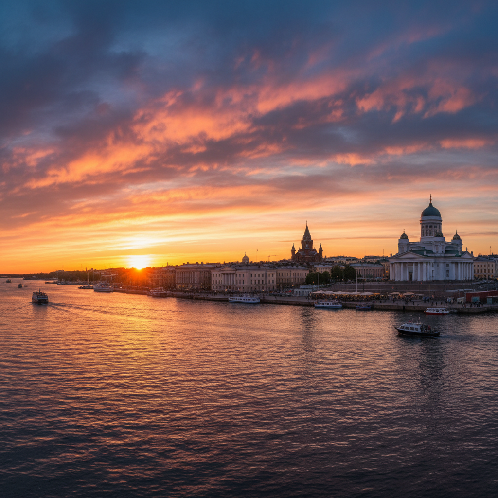 Helsinki harbor panorama sunset golden hour cathedral