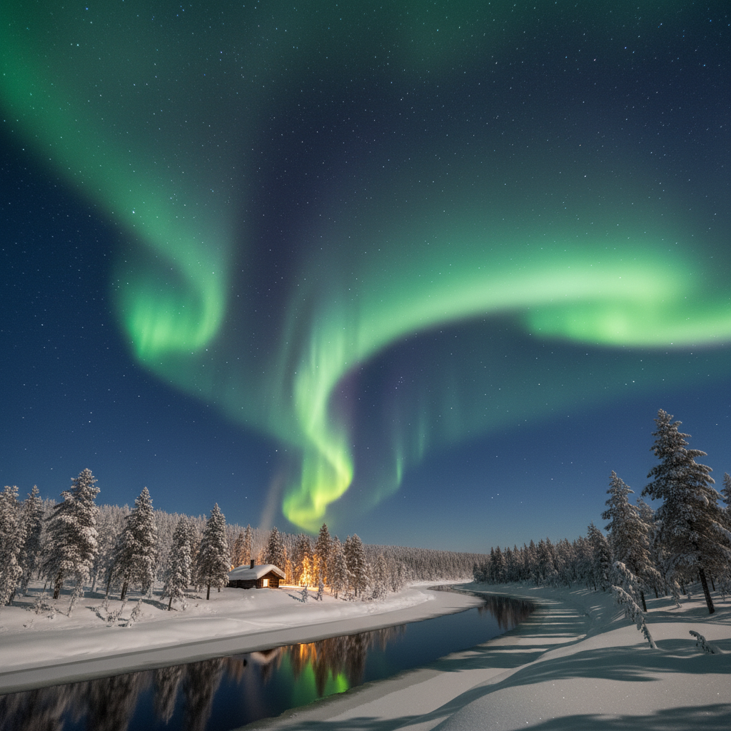Northern lights aurora borealis Lapland Finland winter night