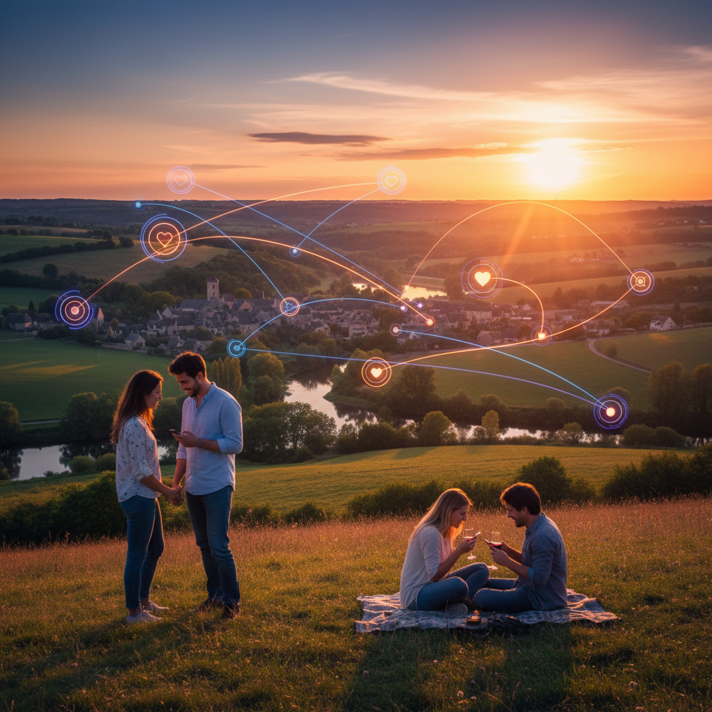 Couple using dating app on phone in France, horizontal