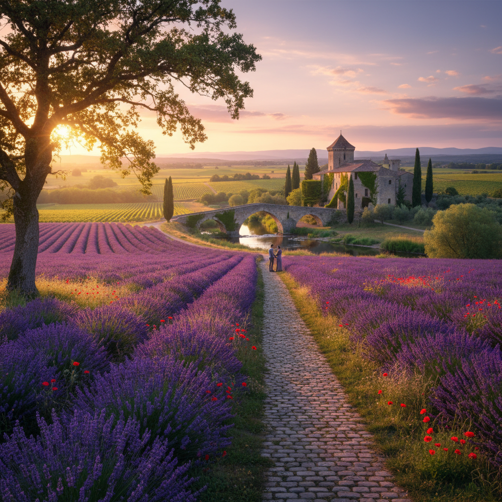 Romantic couple enjoying a view in France, horizontal