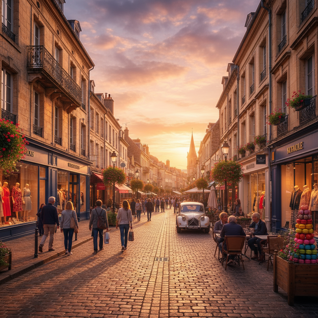 Bustling shopping street in a French city, horizontal