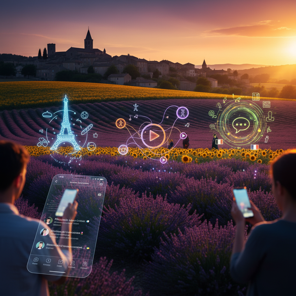 People engaging with social media trends in France, horizontal