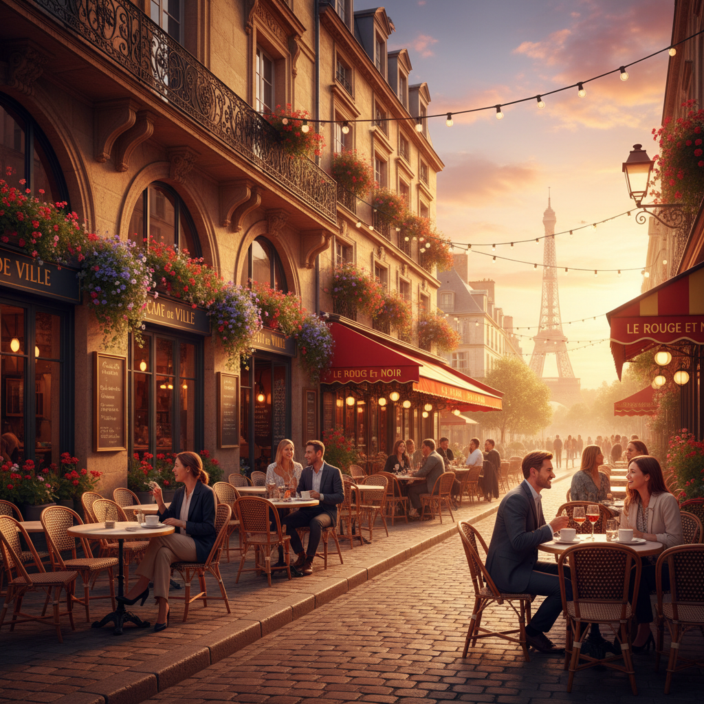 Young adults meeting at a trendy cafe in Paris, horizontal