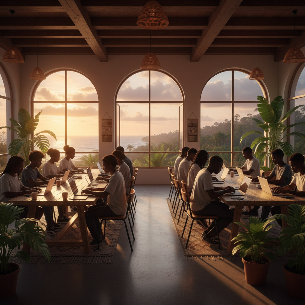 people working on laptops in a co-working space in Gabon