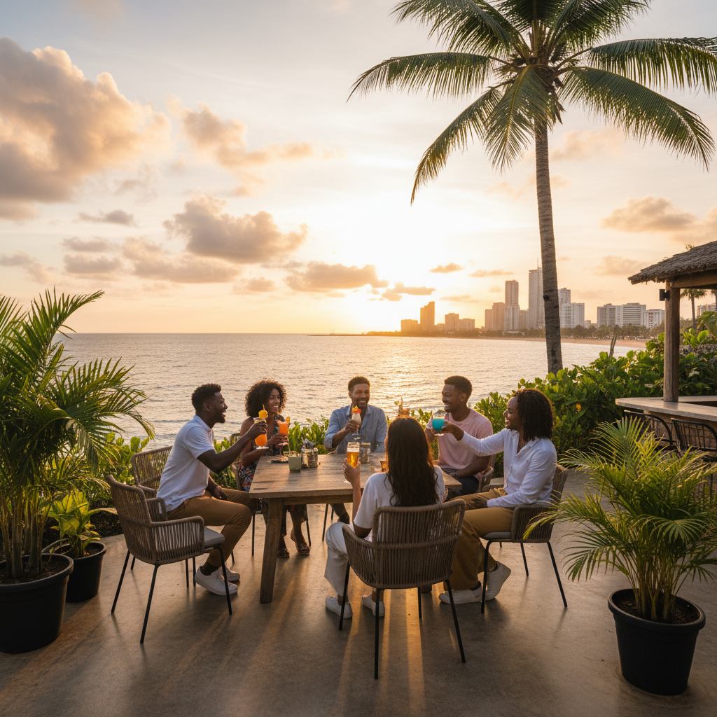 group of friends socializing at a bar in Gabon
