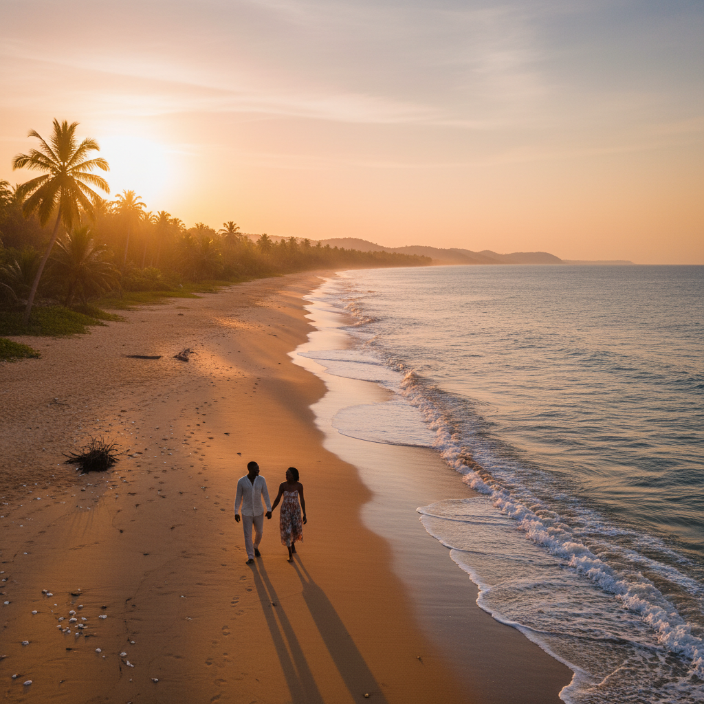 couple walking on a beach in Gabon