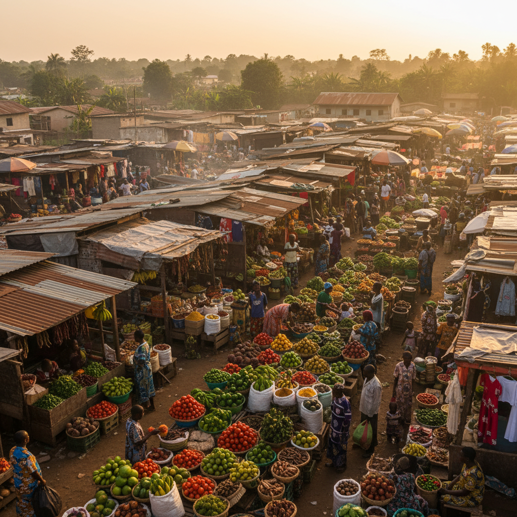 busy market stalls in Gabon