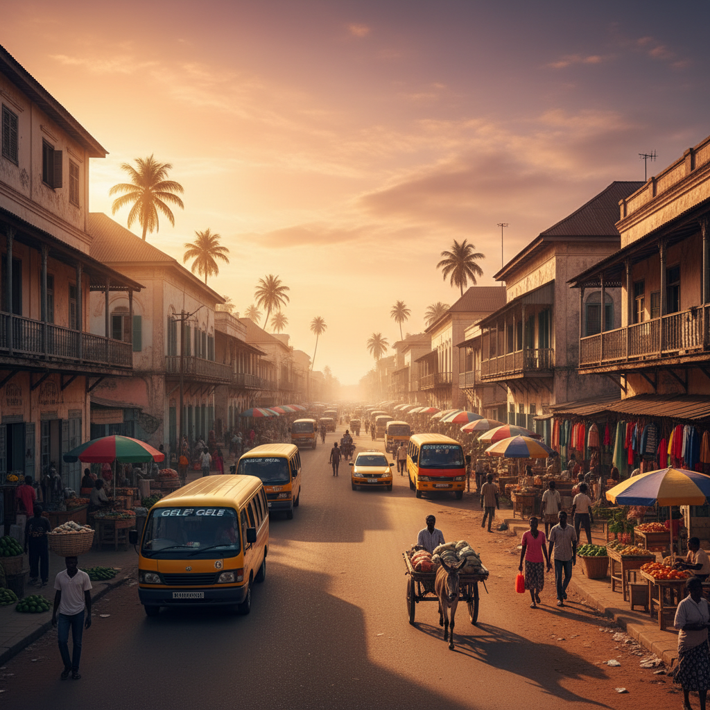 Banjul city street view, architecture, local transport, daily life, daytime, natural light, horizontal