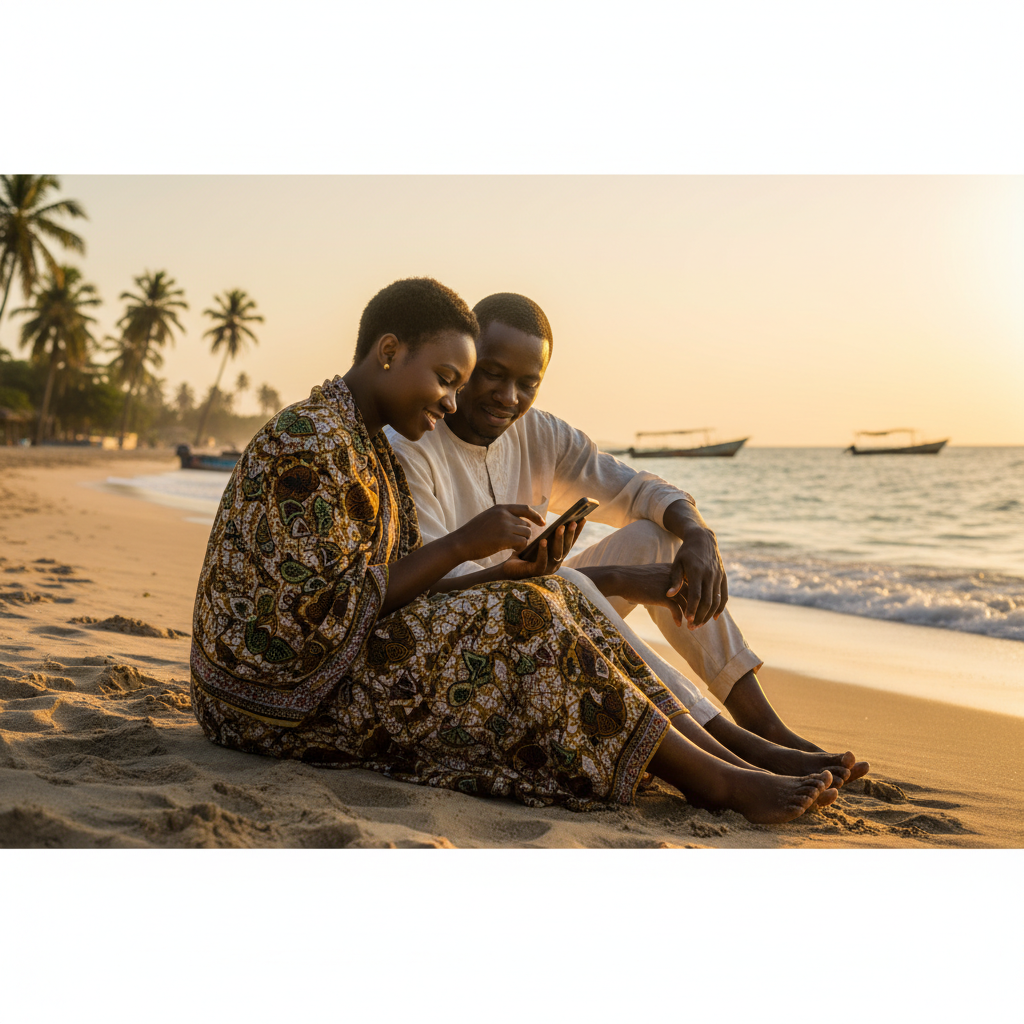 Gambia couple interacting online, looking at phone, subtle romantic vibe, modern communication, daytime, natural light, horizontal