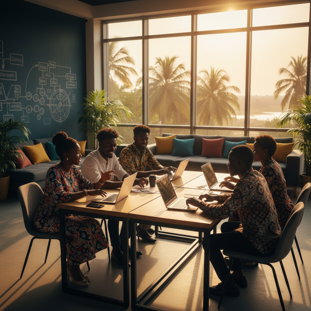 Gambia individuals working on laptops in a co-working space, discussing ideas, collaborative, modern, daytime, natural light, horizontal