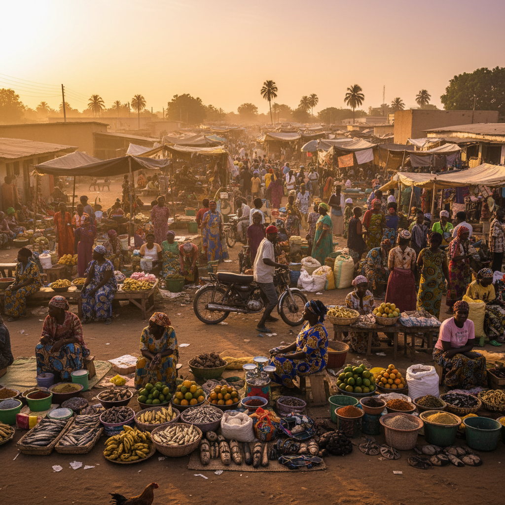 Gambia local market scene, economic activity, vendors, goods, busy atmosphere, daytime, natural light, horizontal