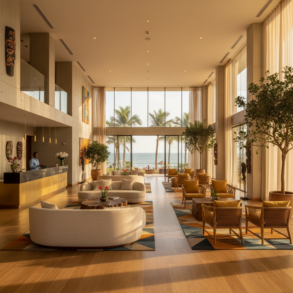 Modern hotel lobby in The Gambia, comfortable seating, contemporary design, welcoming, daytime, natural light, horizontal