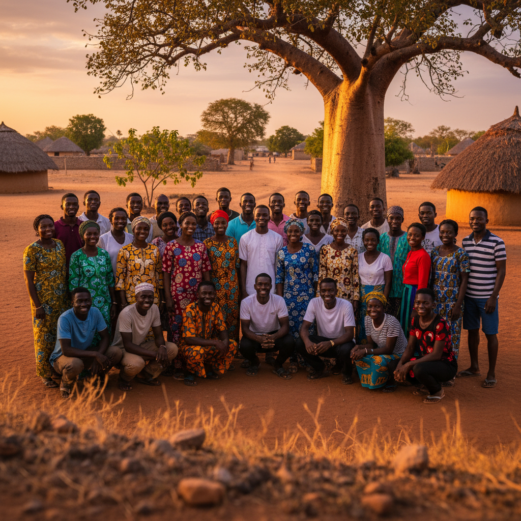 Diverse group of young adults in The Gambia, smiling, looking towards the camera, community gathering, horizontal