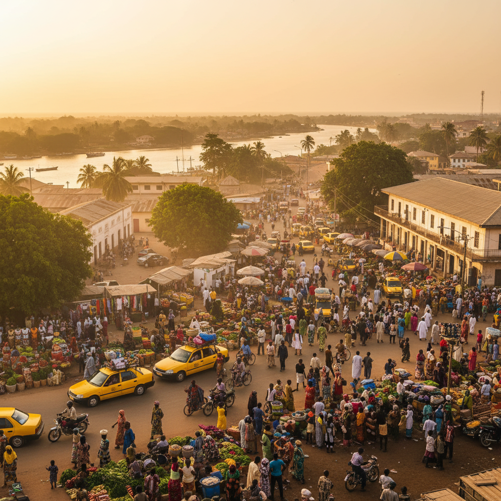 The Gambia panoramic overview, vibrant street life, diverse people, daytime, natural light, horizontal