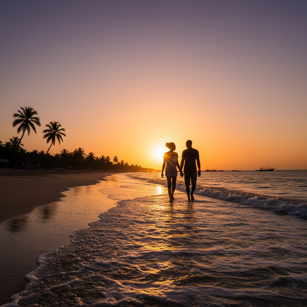 Gambia couple on a relaxed date, walking on a beach at sunset, silhouette, serene, warm colors, horizontal
