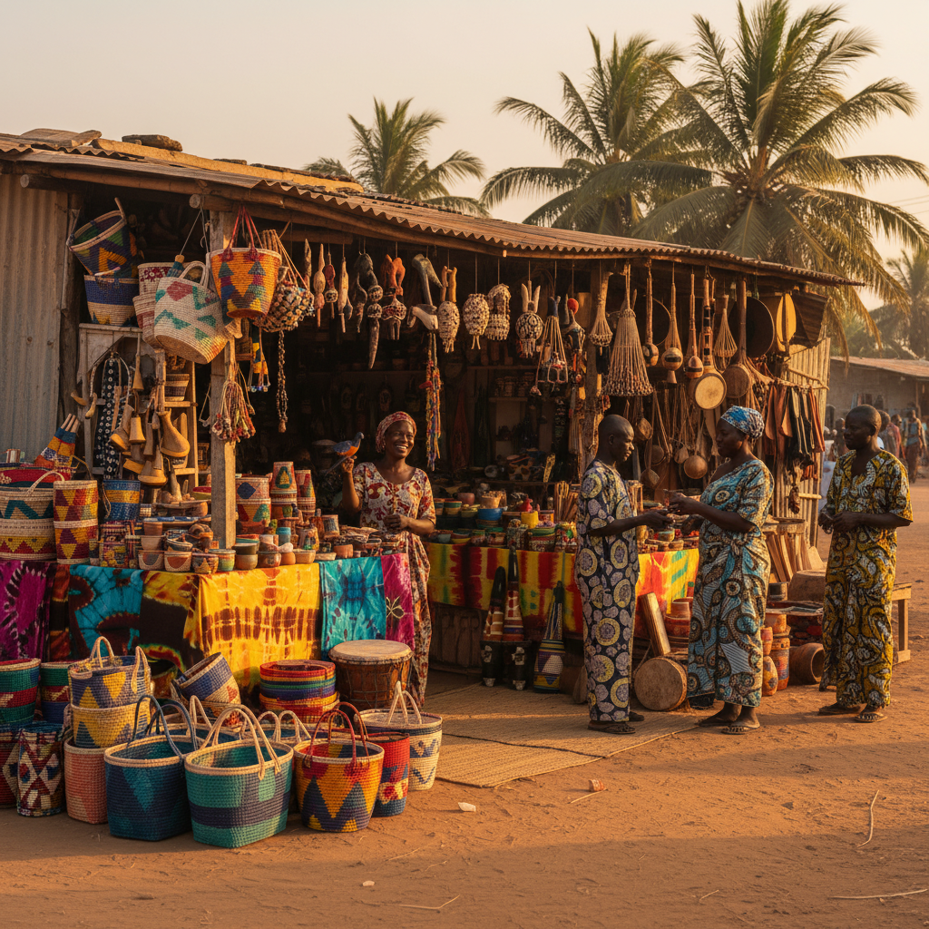 Gambia local artisan shop, colorful crafts, handmade goods, shopping experience, daytime, natural light, horizontal