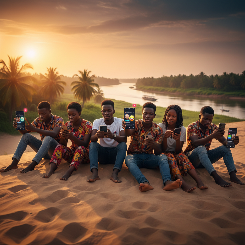 Gambia youth using smartphones, engaging with content, social media interface visible, modern, daytime, natural light, horizontal