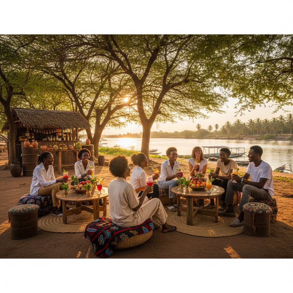 Gambia outdoor cafe setting, young adults socializing, relaxed atmosphere, local drinks, daytime, natural light, horizontal