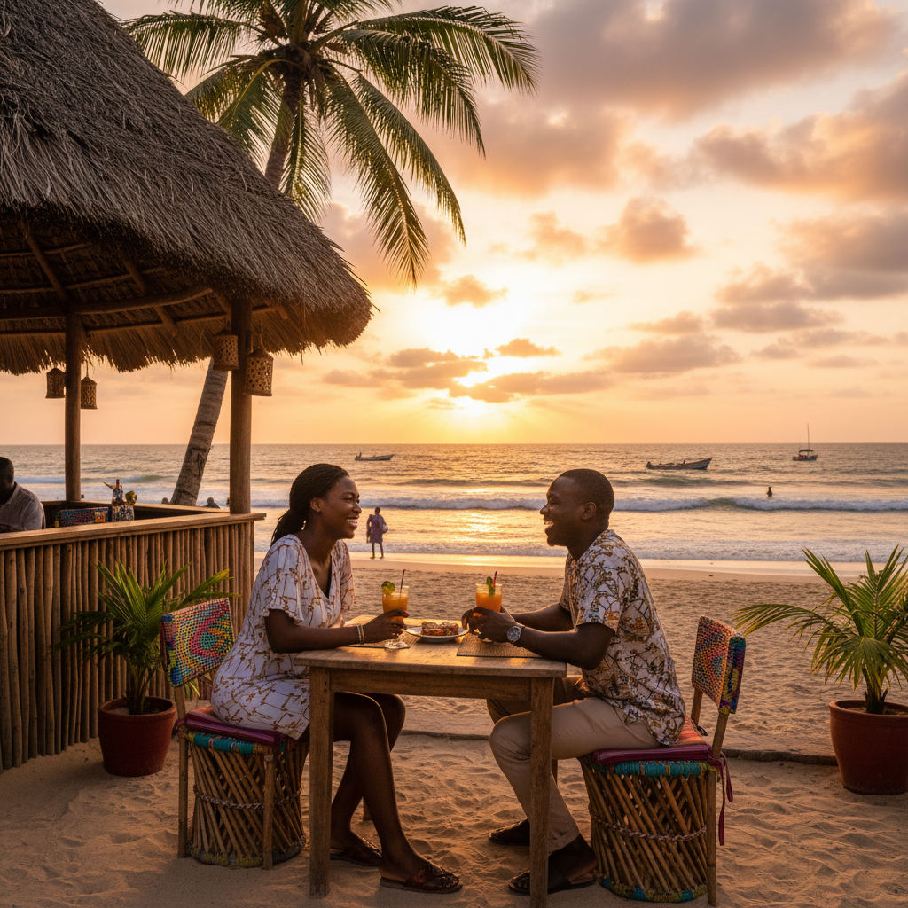 African couple beach cafe meeting smiling Kololi Gambia