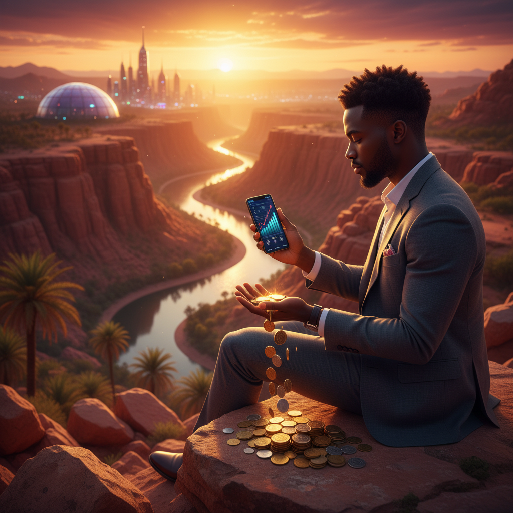 Young African professional smartphone coins digital earning