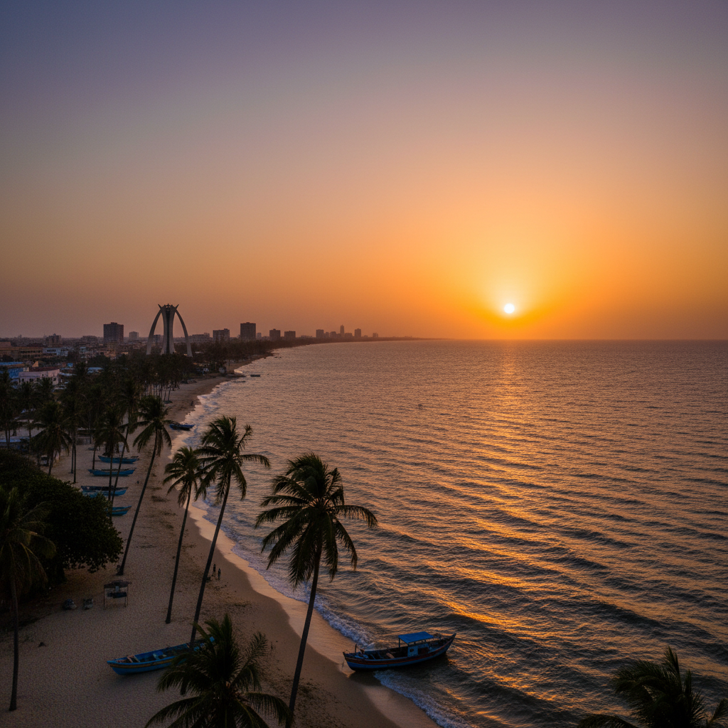 Banjul Gambia Atlantic coast palm trees skyline sunset