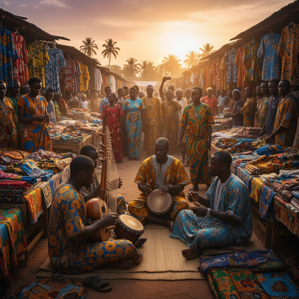Gambia kora music performance colorful batik market reels