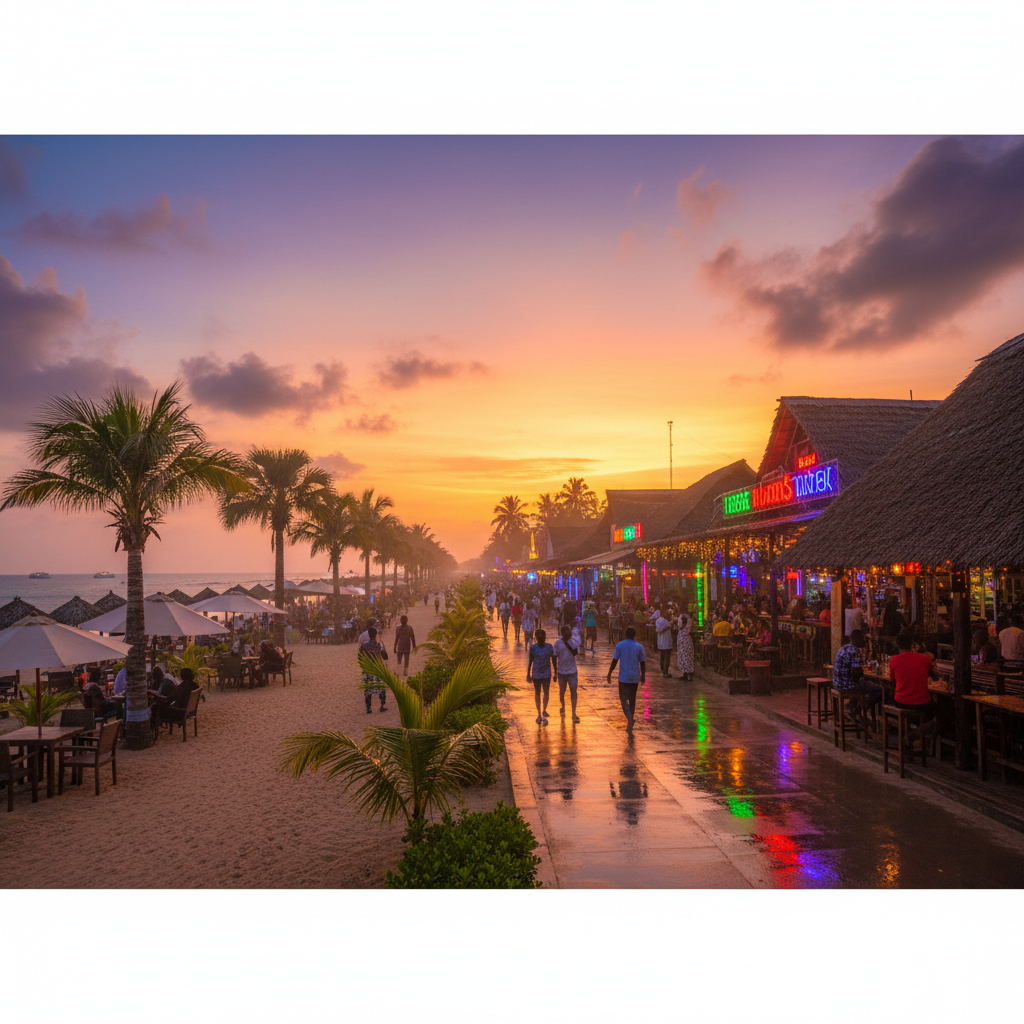 Senegambia Strip Kololi nightlife bar lights tropical