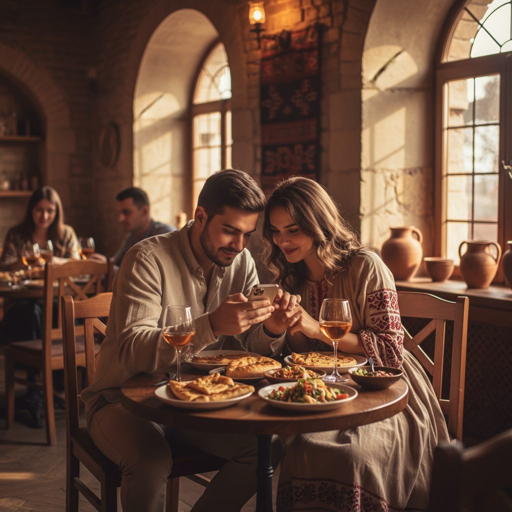 couple using a dating app on a phone Georgia horizontal