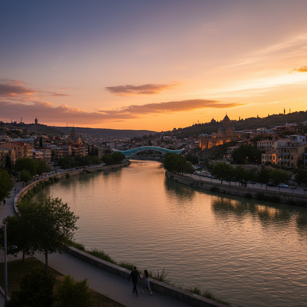 romantic couple walking in a park Tbilisi horizontal