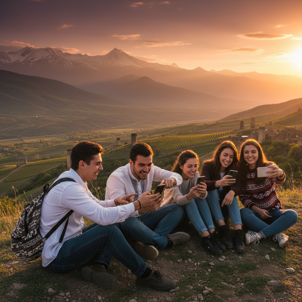 young adults using smartphones in a cafe Georgia horizontal
