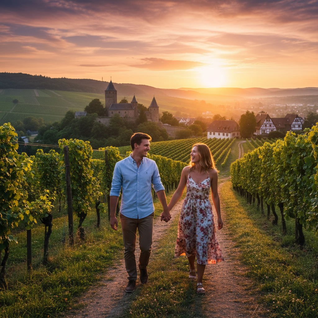 Couple on a first date at a cafe in Germany, horizontal