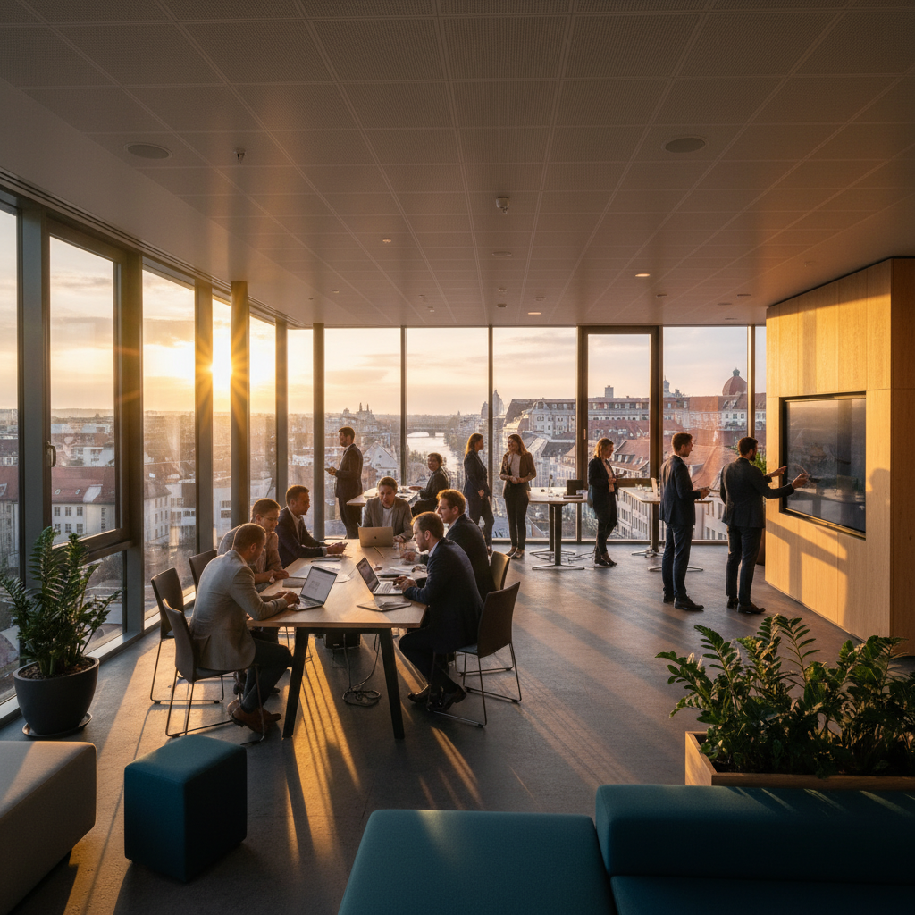 People working in a modern German co-working space, horizontal