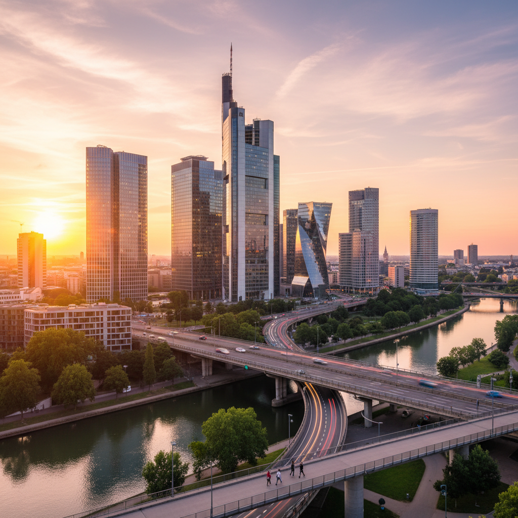 Modern German cityscape with offices, horizontal
