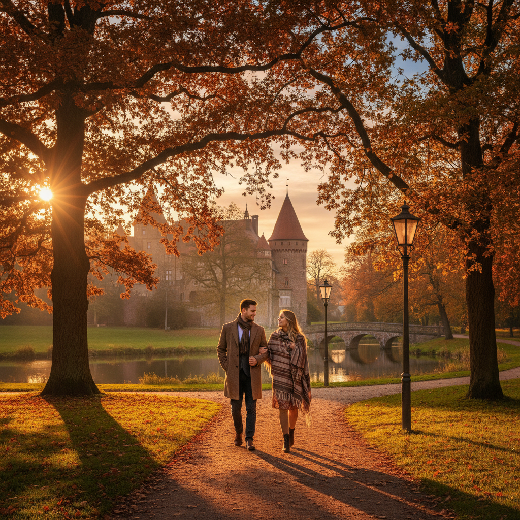 Romantic evening view of a German castle, horizontal