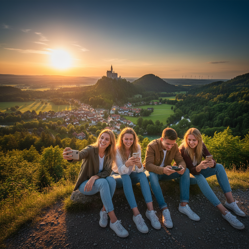 Young adults enjoying a festival or outdoor event in Germany, horizontal