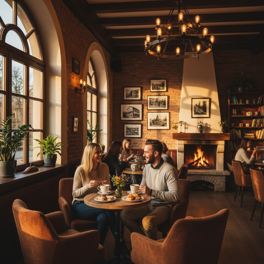 Cozy cafe interior in Berlin, horizontal