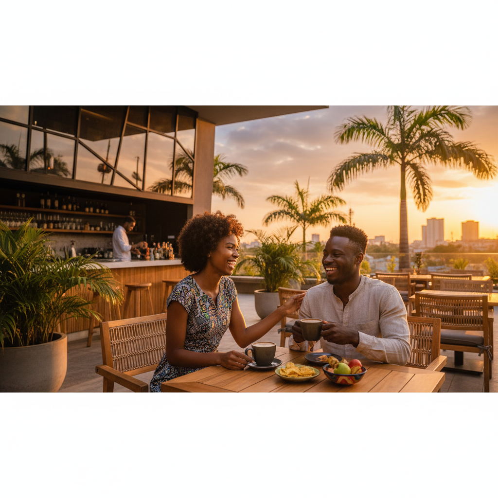 couple on a casual date in a modern Ghanaian cafe, interaction