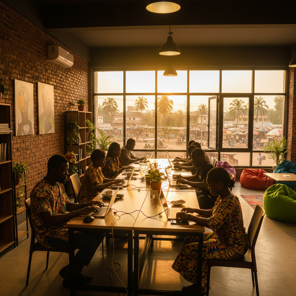entrepreneurs working on laptops in a co-working space in Ghana