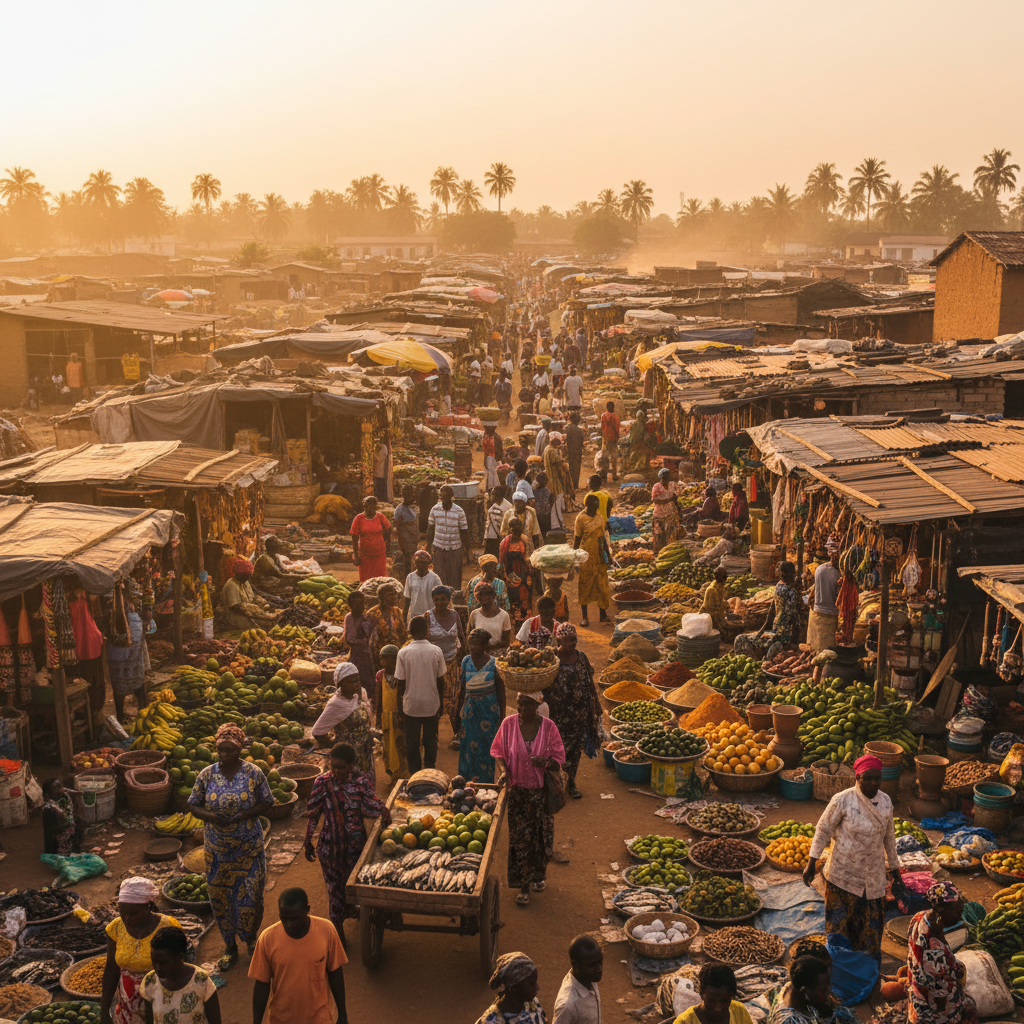 busy market in Ghana with diverse goods, commerce theme