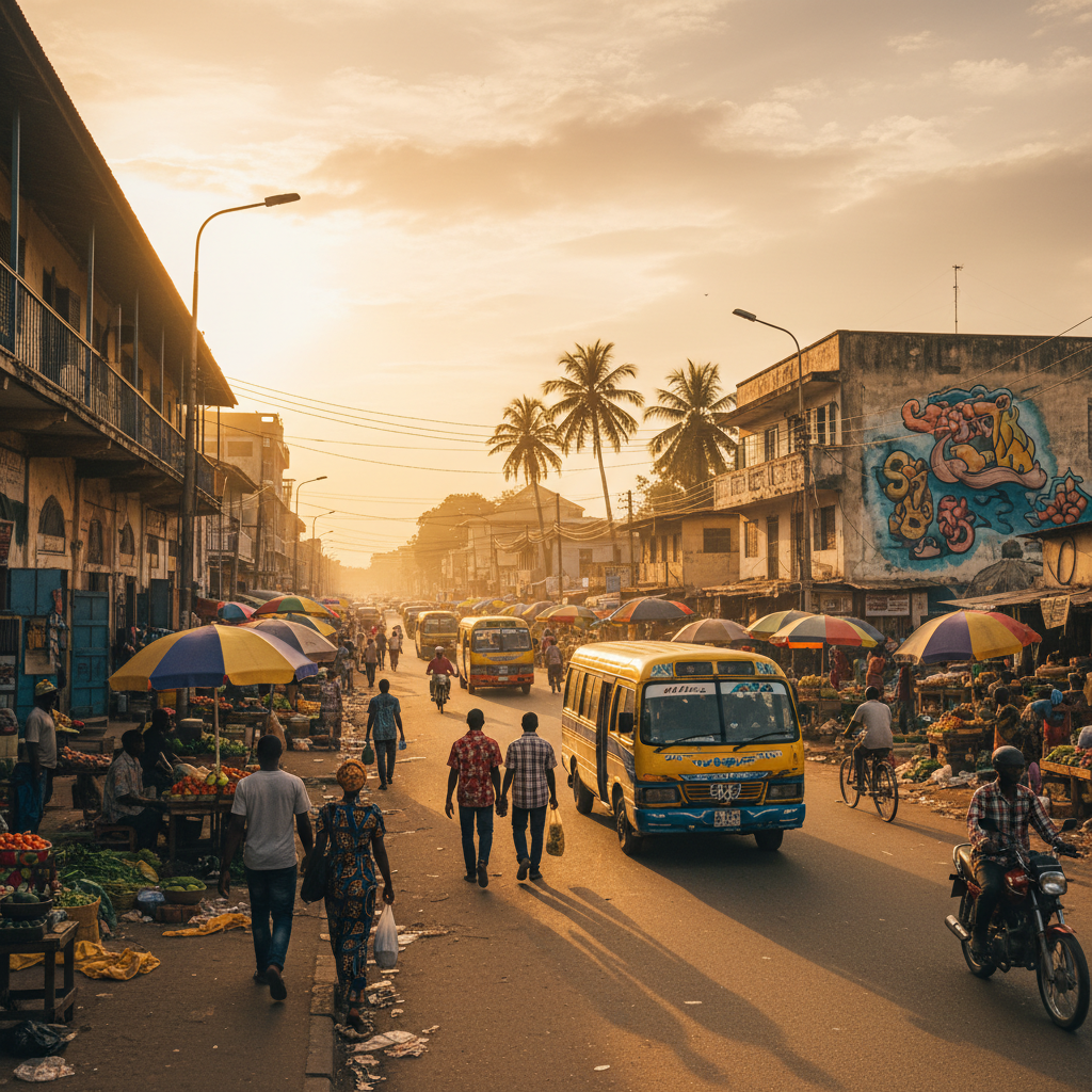 vibrant street scene in Accra, Ghana, wide shot, daylight