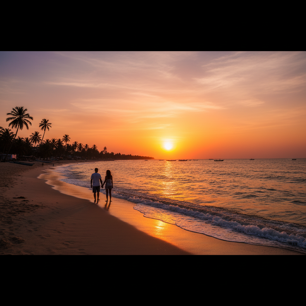 romantic sunset view at Ghanaian beach, couple silhouette