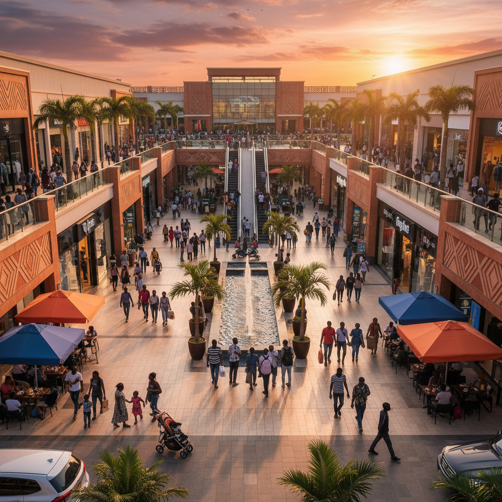 bustling shopping mall in Ghana, consumerism