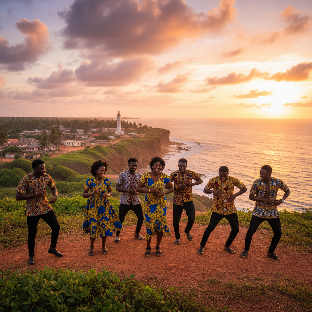 young Ghanaians participating in a viral dance challenge, energetic