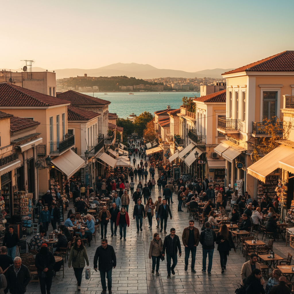 Bustling street scene in Thessaloniki with shops and pedestrians, Greece, horizontal