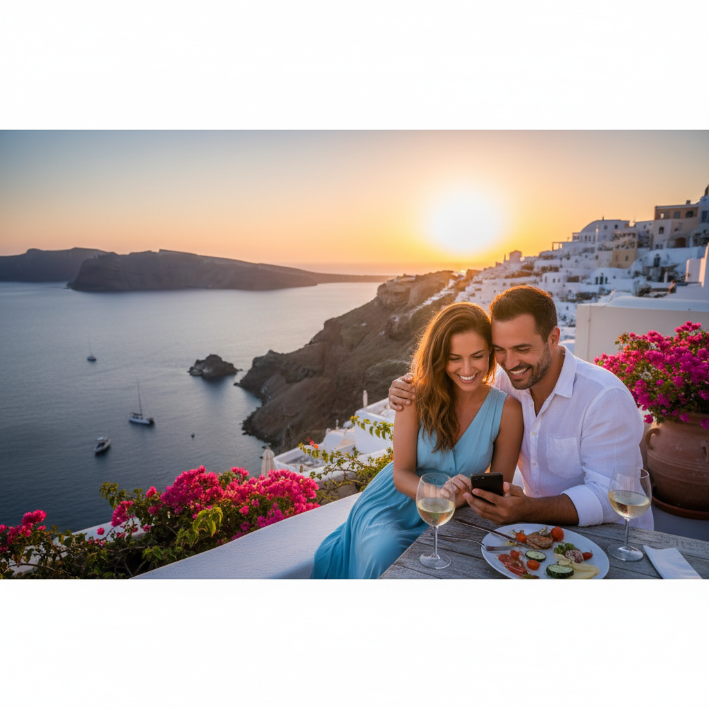 Couple smiling and looking at a smartphone together on a date, Greece, horizontal