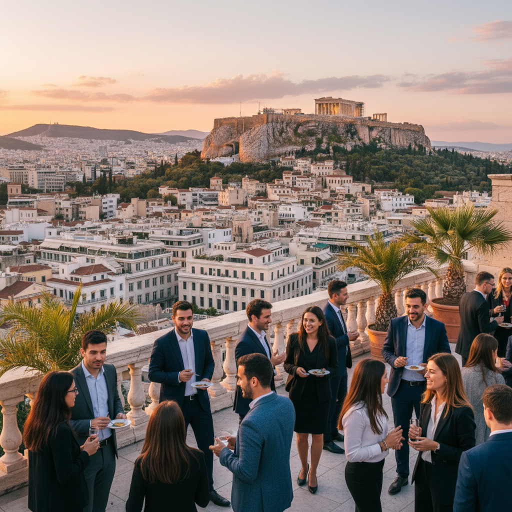 Young professional networking at a business event in Athens, Greece, horizontal