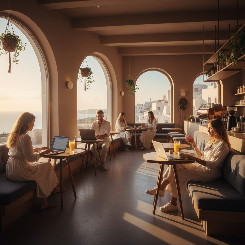 Modern cafe interior with young adults working on laptops and chatting, Greece, horizontal