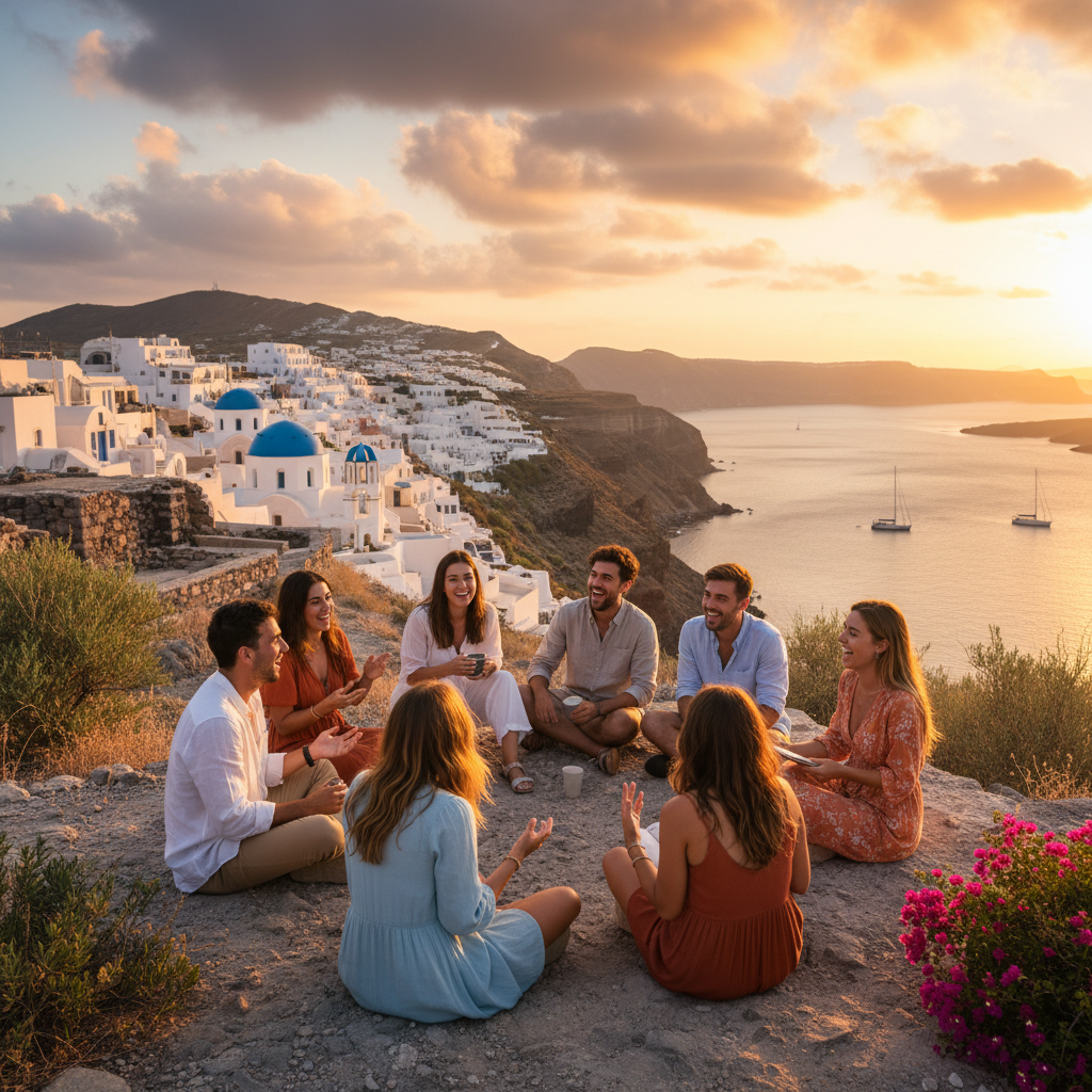 Diverse group of young people engaging in a lively discussion, Greece, horizontal