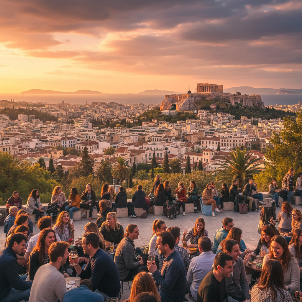 Overview of Athens cityscape with people socializing in a public square, Greece, horizontal