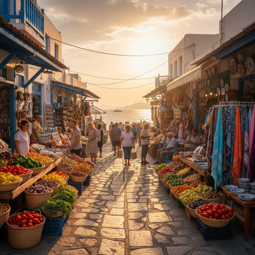 Vibrant market street with local produce and souvenir shops, Greece, horizontal